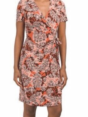 Anne Klein Coral and White Floral Wrap Midi Dress